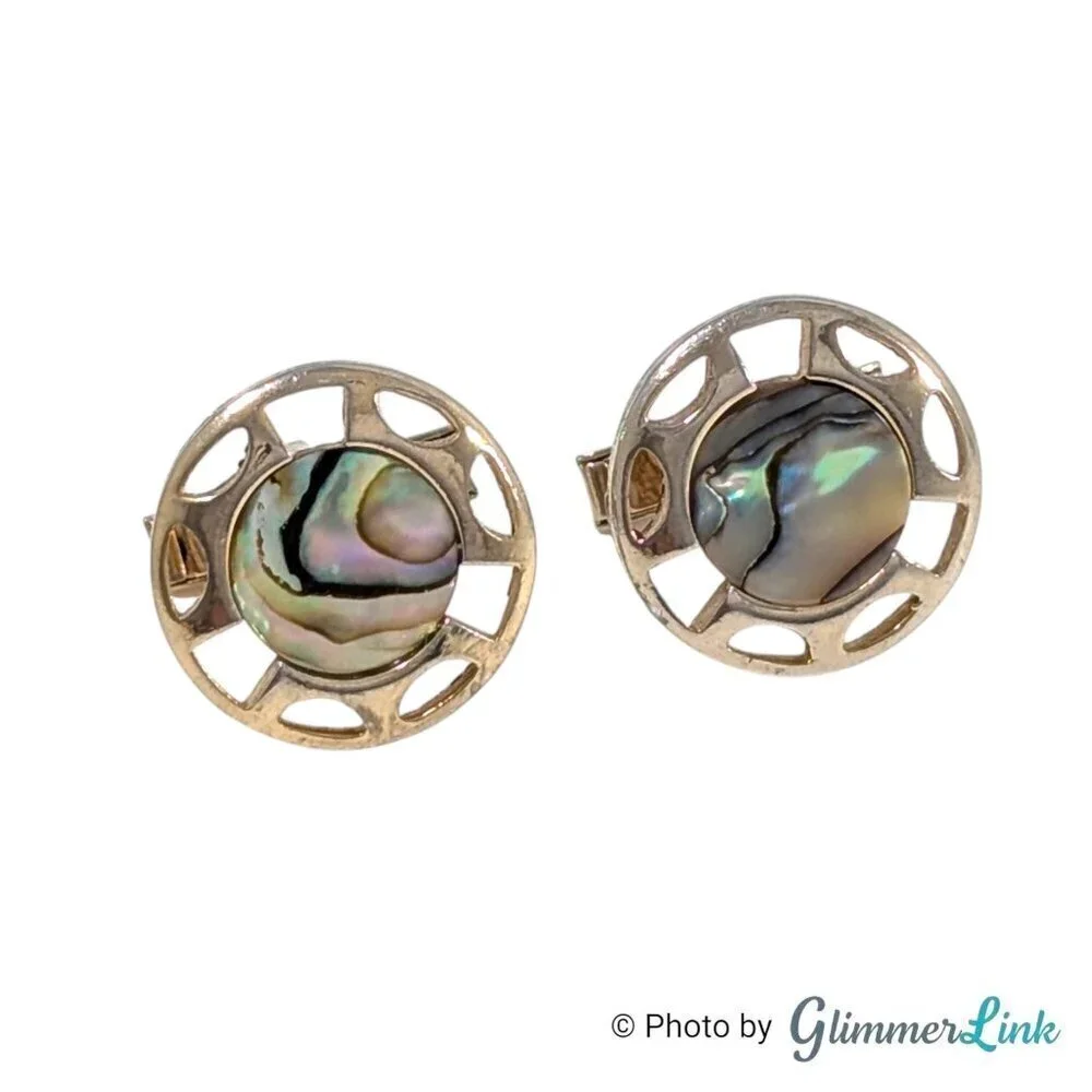 Vintage Swank Round Abalone Shell Whale Back Gold Tone Cufflinks